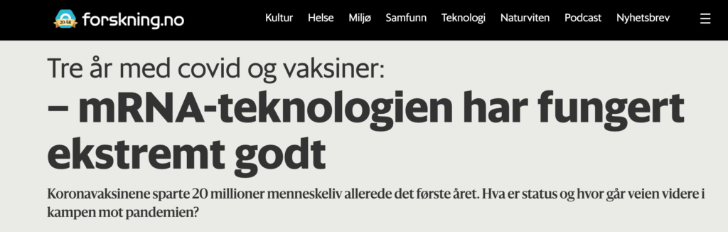 faksimile /skjermbilde av overskrift om mRNA-vaksiner