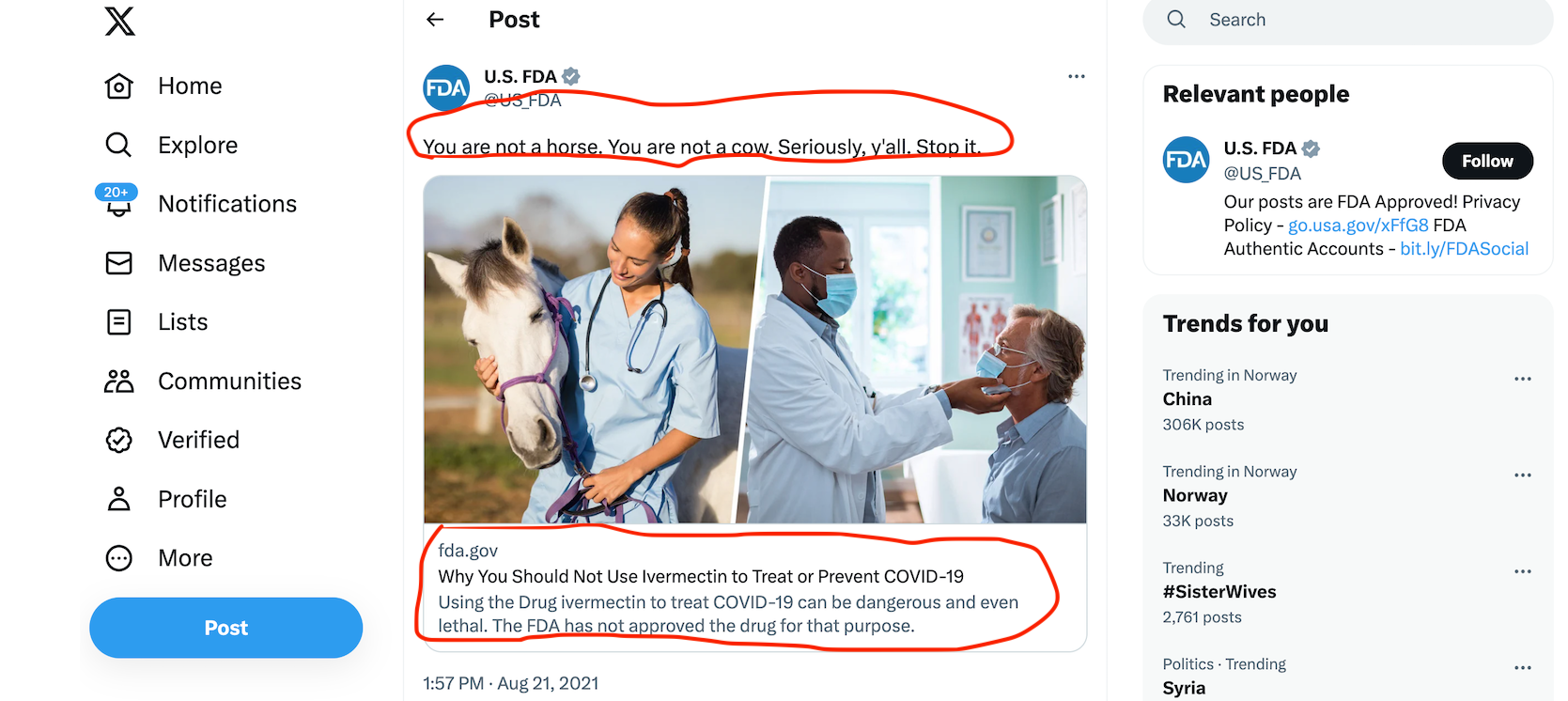 faksimile fra twitter, x, som viser en advarsel om at medisin er for hester